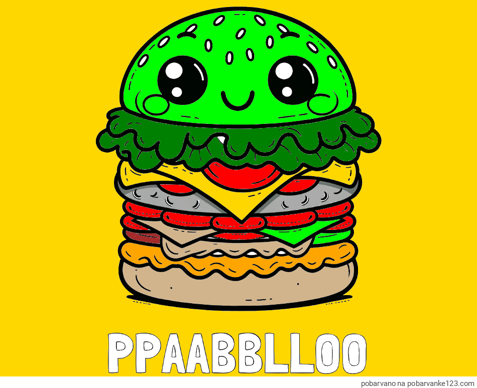 POBARVANA POBARVANKA - Pobarvanka imena PPAABBLLOO in otroška pobarvanka nasmejanega hamburgerja
