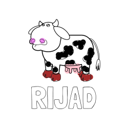 Pobarvana pobarvanka - Pobarvanka imena RIJAD in otroška pobarvanka smešne krave