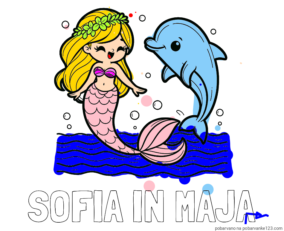 POBARVANA POBARVANKA - Pobarvanka imena SOFIA IN MAJA in pobarvanka ljubke morske deklice, ki pleše z delfinom