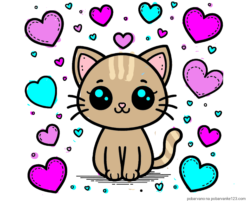 POBARVANA POBARVANKA - Pobarvanka ljubke mucke obdane z veliko srčki