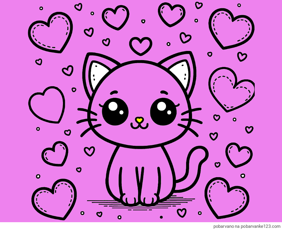 POBARVANA POBARVANKA - Pobarvanka ljubke mucke obdane z veliko srčki