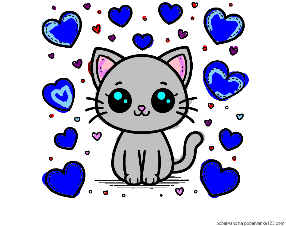 POBARVANA POBARVANKA - Pobarvanka ljubke mucke obdane z veliko srčki