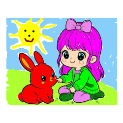 Pobarvana pobarvanka - Pobarvanka ljubke punčke, ki se igra z zajčkom