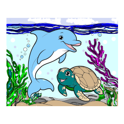 Pobarvana pobarvanka - Pobarvanka ljubkega delfina z želvo v morju