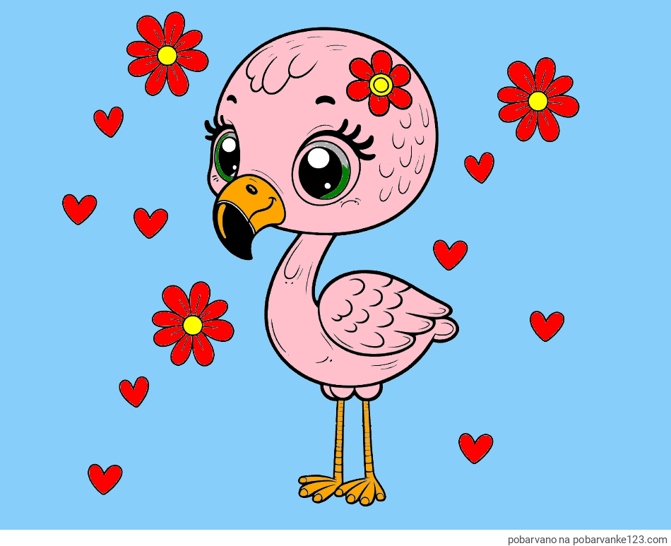 POBARVANA POBARVANKA - Pobarvanka mladička flaminga z rožicami in srčki