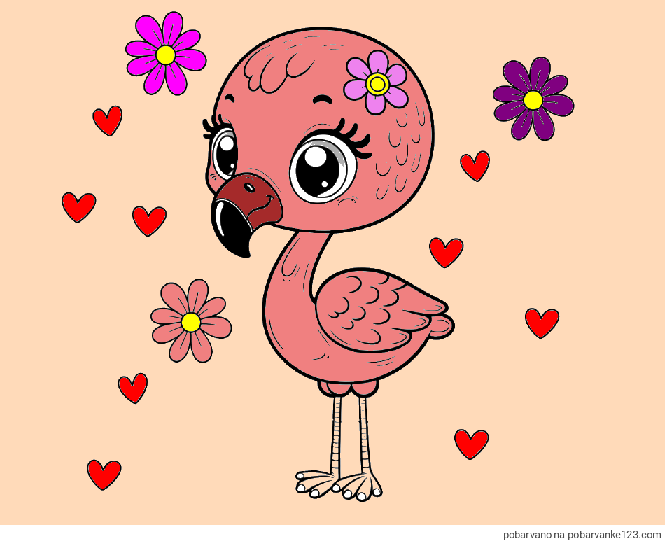 POBARVANA POBARVANKA - Pobarvanka mladička flaminga z rožicami in srčki