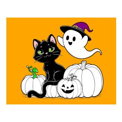 Pobarvana pobarvanka - Pobarvanka prijaznega duhca, črne mačke ter buč za noč čarovnic