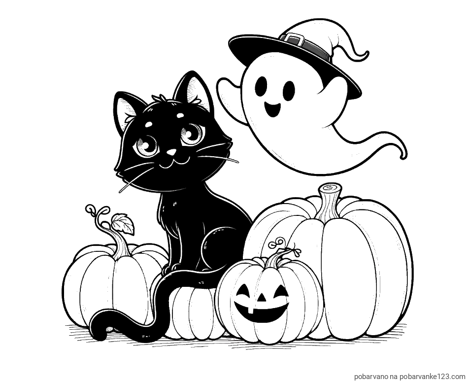 POBARVANA POBARVANKA - Pobarvanka prijaznega duhca, črne mačke ter buč za noč čarovnic