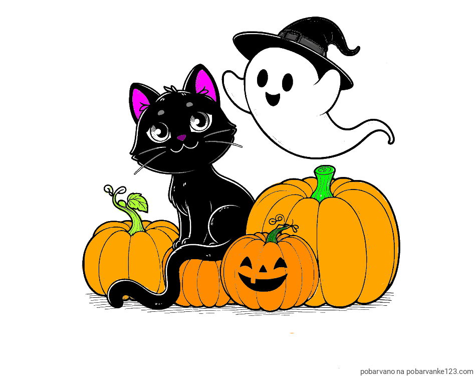 POBARVANA POBARVANKA - Pobarvanka prijaznega duhca, črne mačke ter buč za noč čarovnic