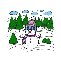 Pobarvana pobarvanka - Pobarvanka snežaka v naravi obdanega z zasneženimi smrekami