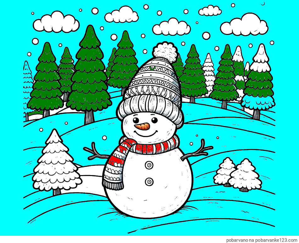 POBARVANA POBARVANKA - Pobarvanka snežaka v naravi obdanega z zasneženimi smrekami