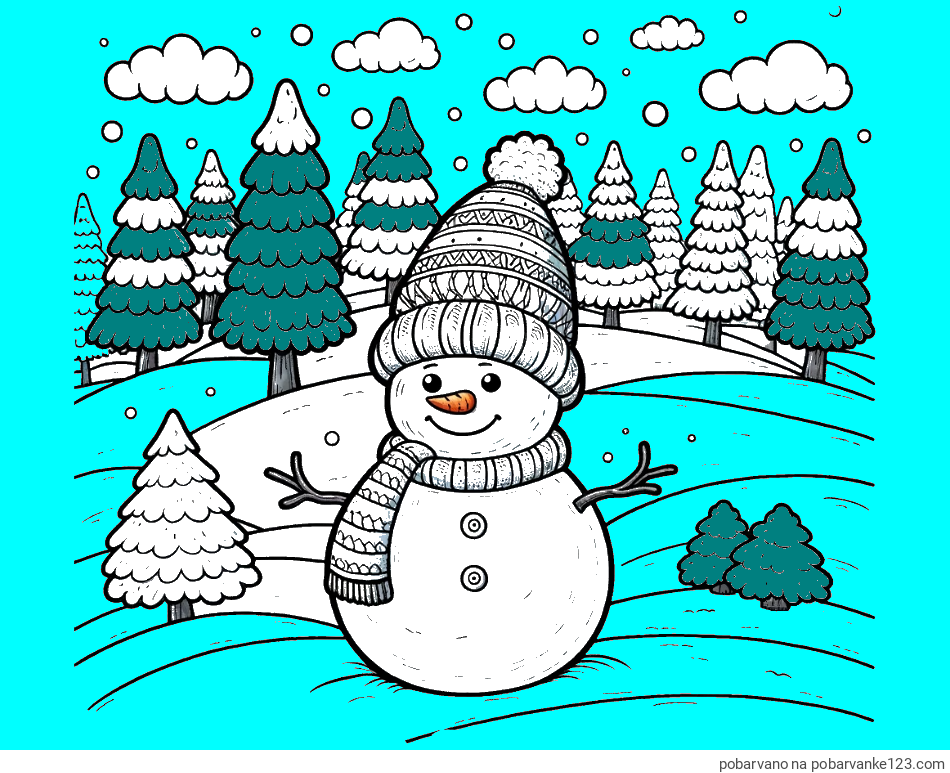 POBARVANA POBARVANKA - Pobarvanka snežaka v naravi obdanega z zasneženimi smrekami