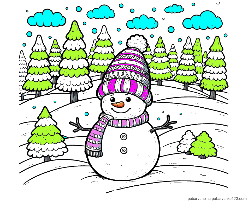 POBARVANA POBARVANKA - Pobarvanka snežaka v naravi obdanega z zasneženimi smrekami