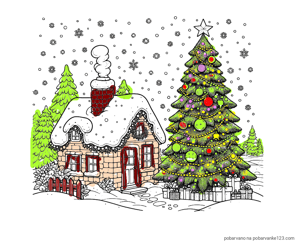 POBARVANA POBARVANKA - Pobarvanka zasnežene hiške na božično noč
