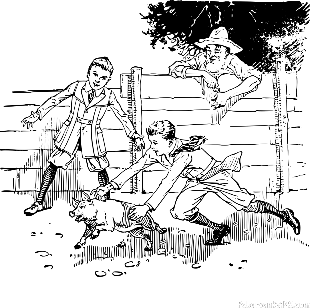 Pobarvanka dveh dečkov, ki lovita majhnega prašička