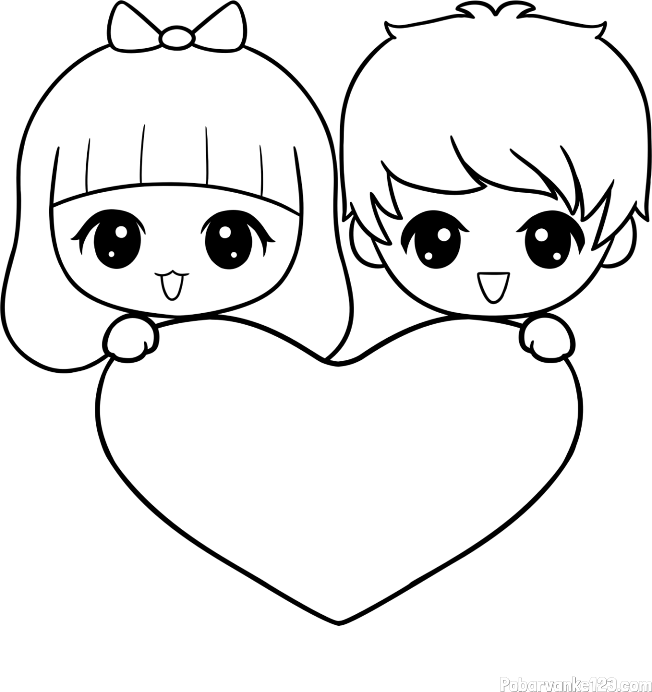 Pobarvanka fantka in deklice, ki objemata srček