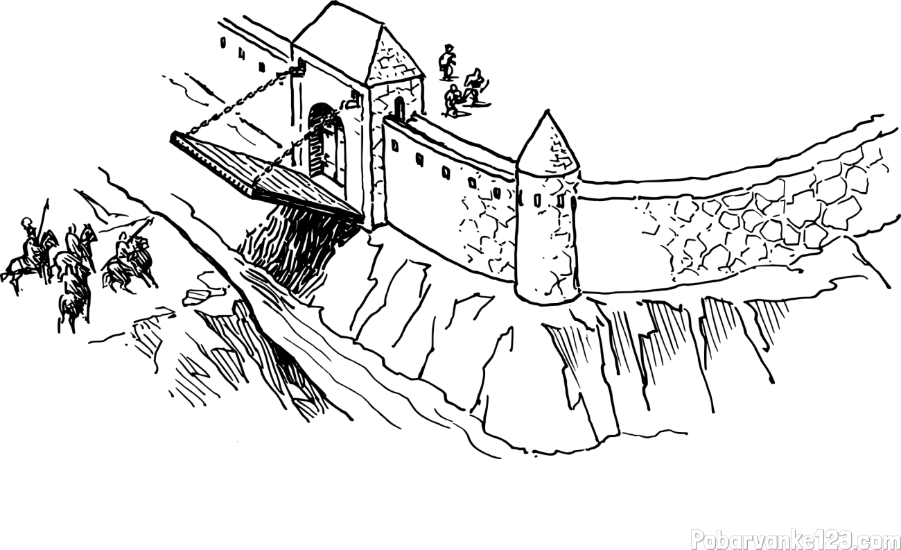 Pobarvanka grajskega obzidja z grajskim mostom