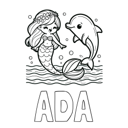 Online izdelana pobarvanka - Pobarvanka imena ADA in pobarvanka ljubke morske deklice, ki pleše z delfinom