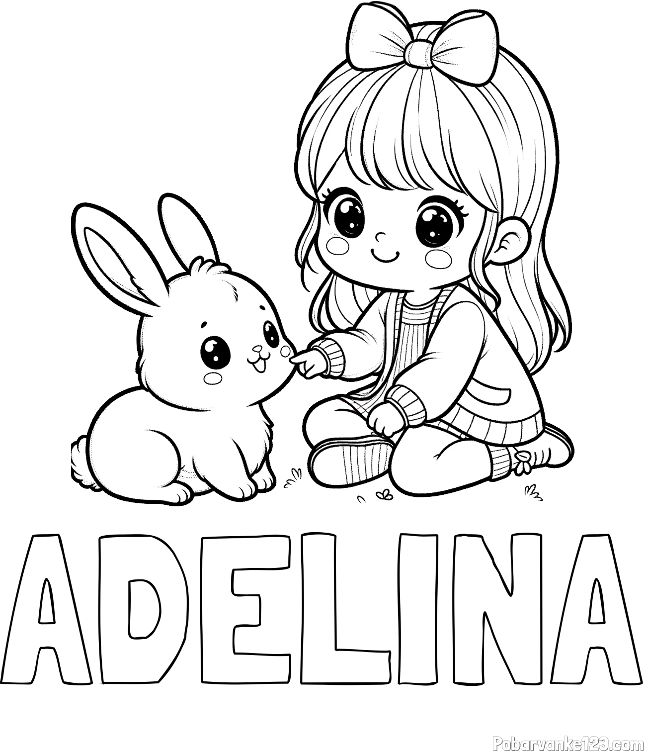 Pobarvanka imena ADELINA in pobarvanka ljubke punčke, ki se igra z zajčkom