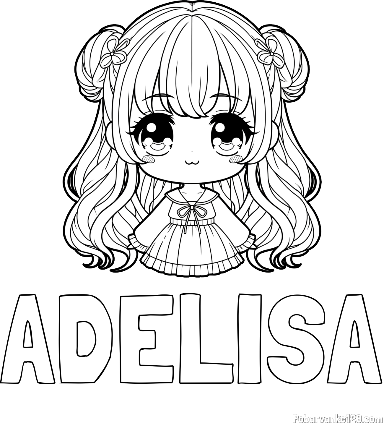 Pobarvanka imena ADELISA in pobarvanka prikupne punčke v anime slogu