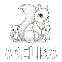 Online izdelana pobarvanka - Pobarvanka imena ADELISA in pobarvanka veveričje družine