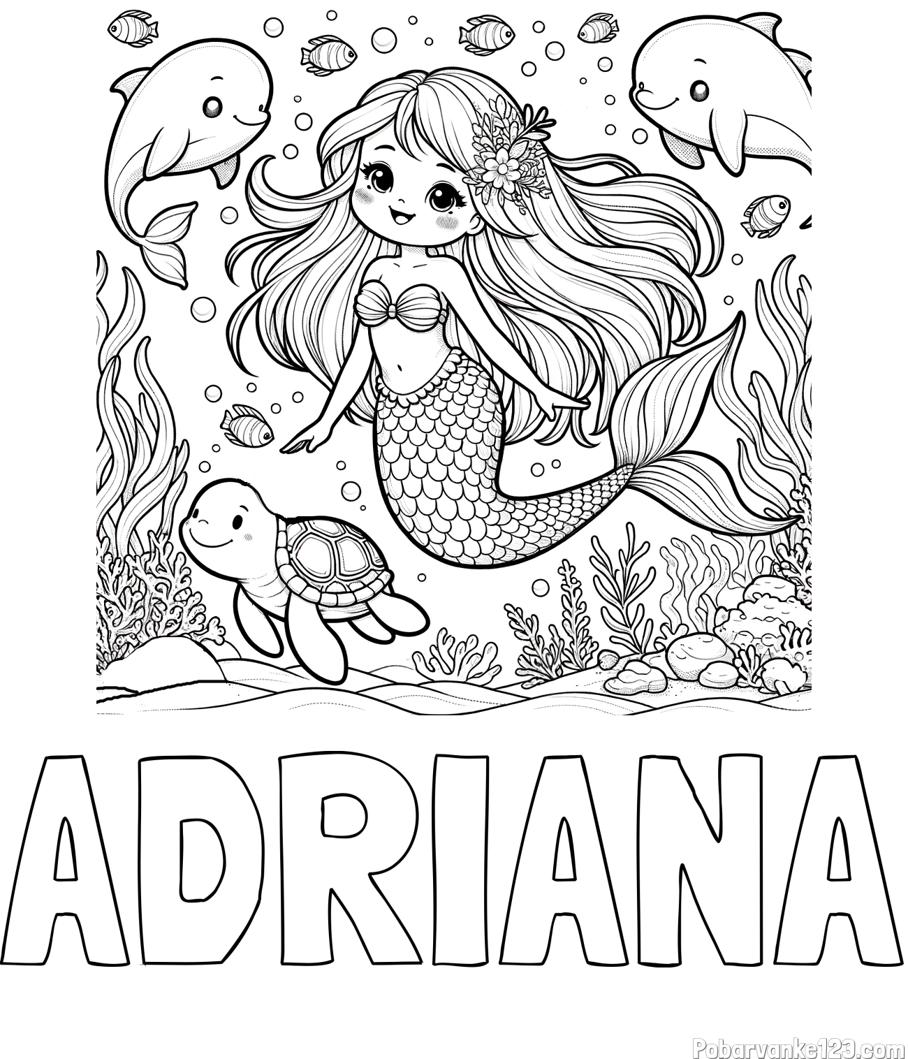 Pobarvanka imena ADRIANA in pobarvana ljubke morske deklice s prijatelji