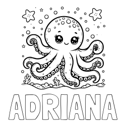 Online izdelana pobarvanka - Pobarvanka imena ADRIANA in pobarvanka hobotnice v morju obdane z morskimi zvezdami