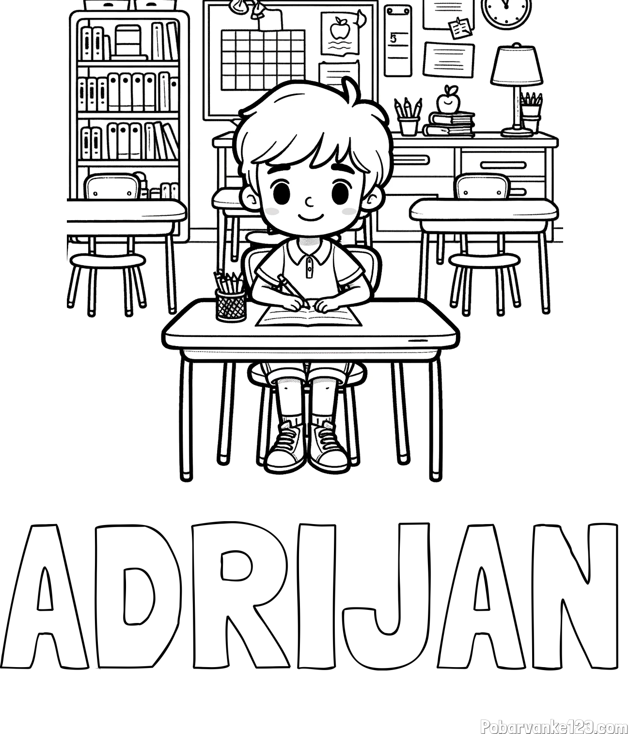 Pobarvanka imena ADRIJAN in pobarvanka učenca v učilnici