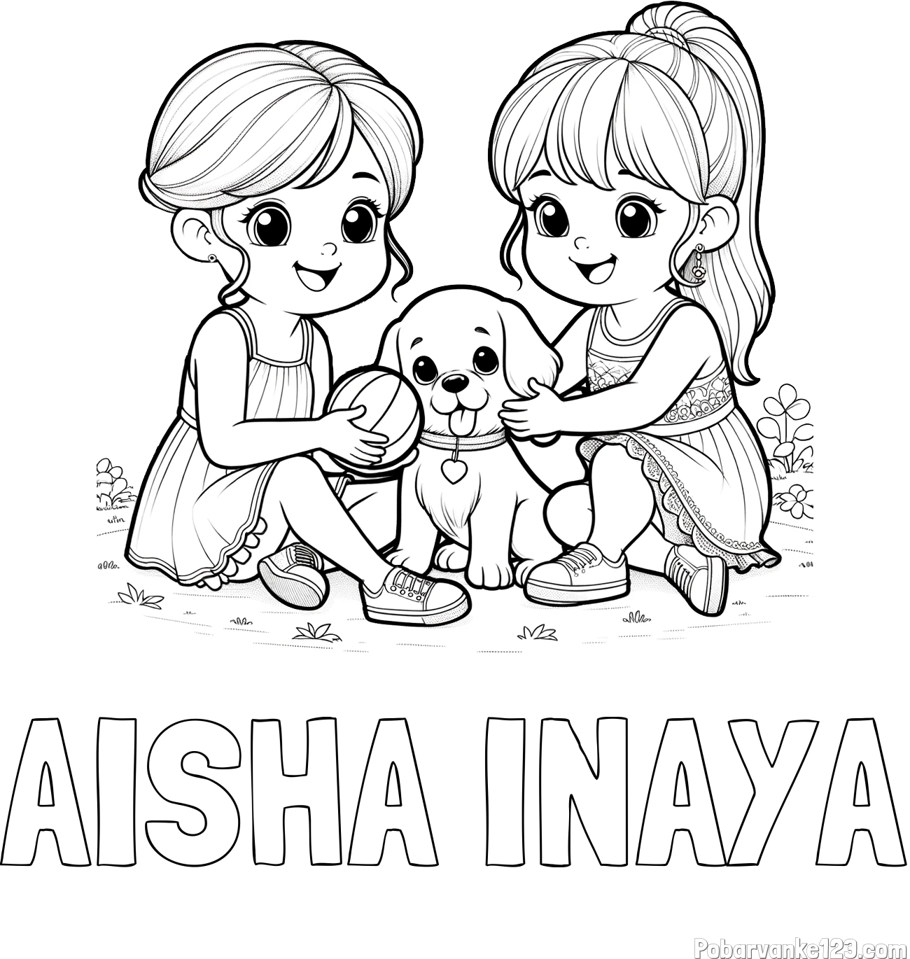 Pobarvanka imena AISHA INAYA in pobarvanka prijateljic s kužkom