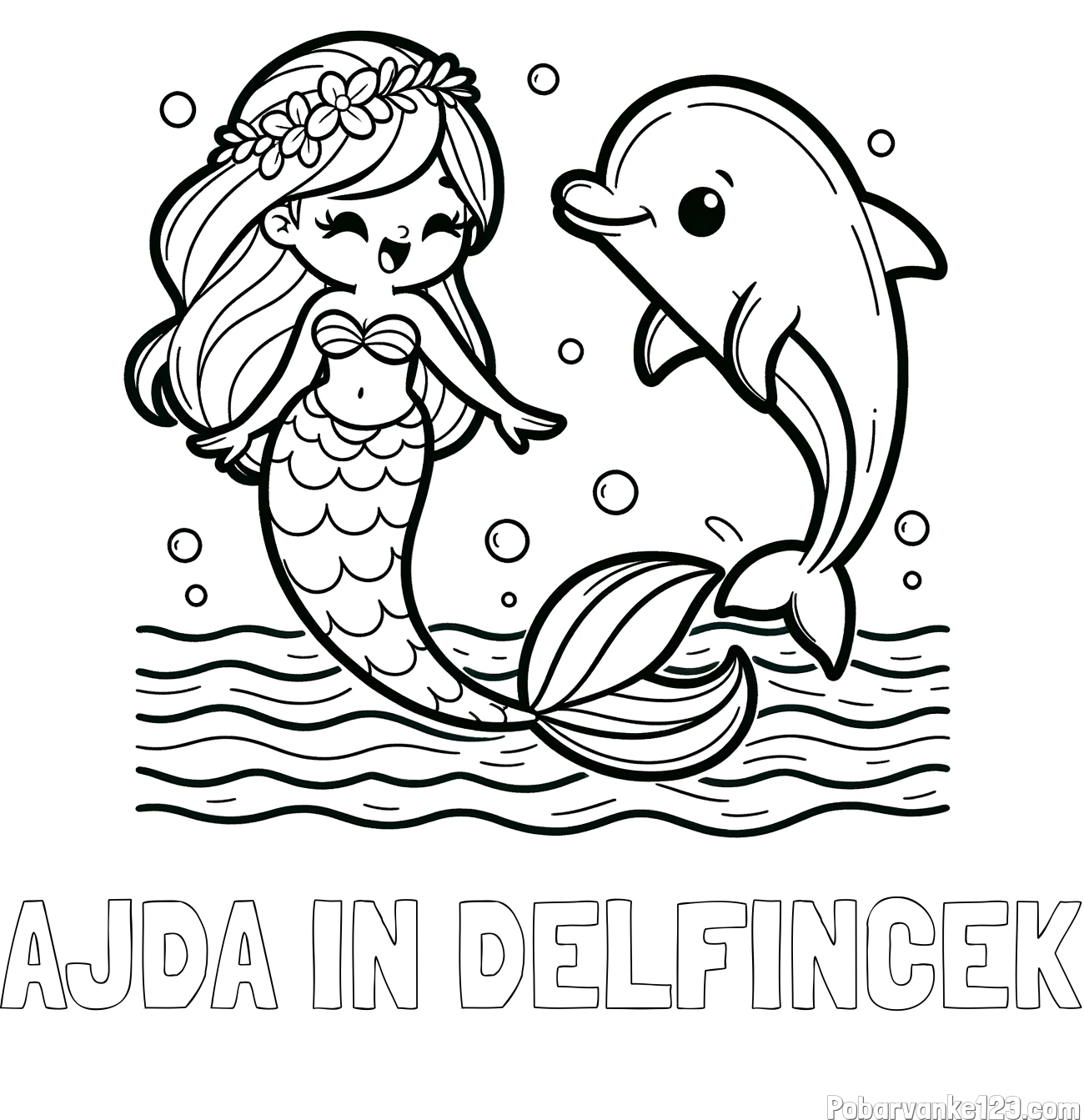 Pobarvanka imena AJDA IN DELFINČEK in pobarvanka ljubke morske deklice, ki pleše z delfinom
