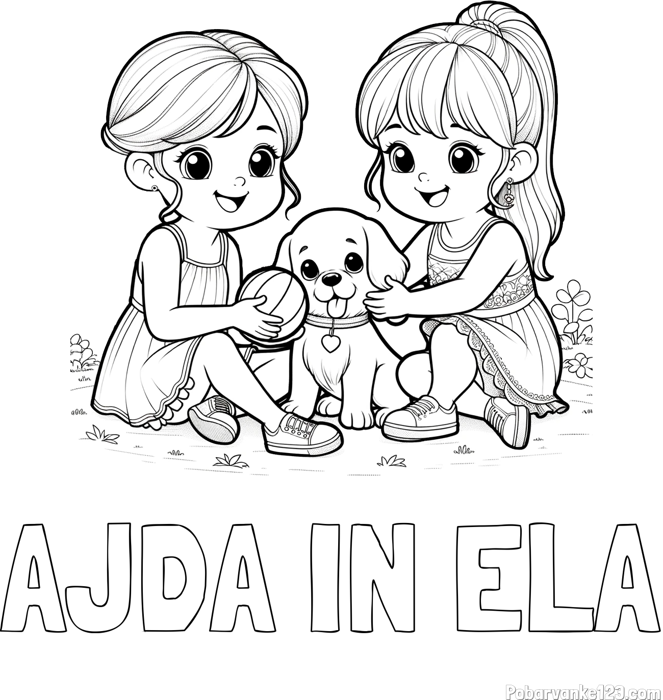 Pobarvanka imena AJDA IN ELA in pobarvanka prijateljic s kužkom