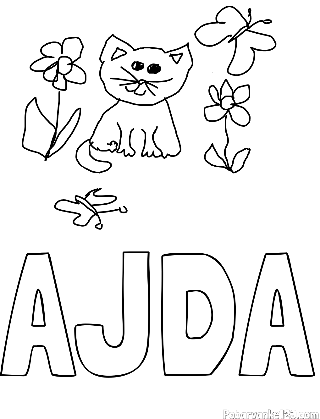 Pobarvanka imena AJDA in mačka v naravi