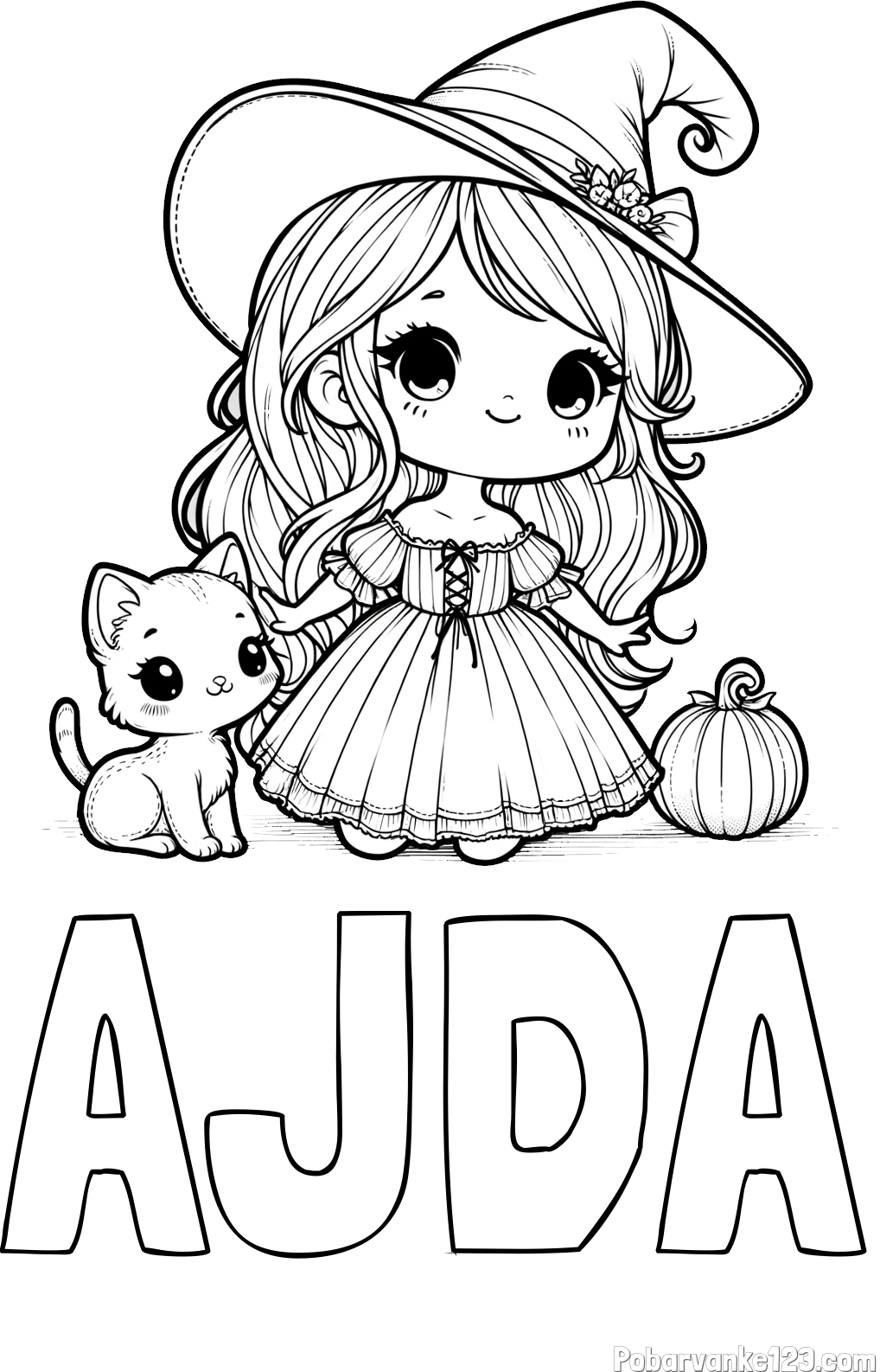 Pobarvanka imena AJDA in pobarvanka ljubke čarovnice, muce in buče