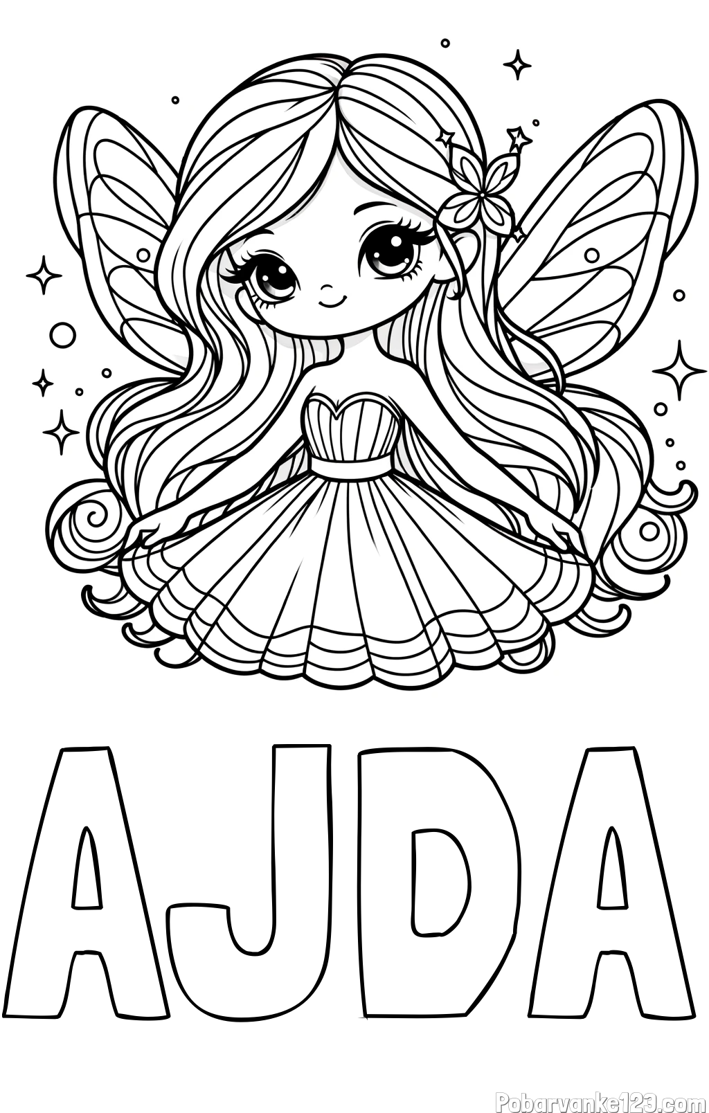 Pobarvanka imena AJDA in pobarvanka ljubke in nasmejane čarobne vile