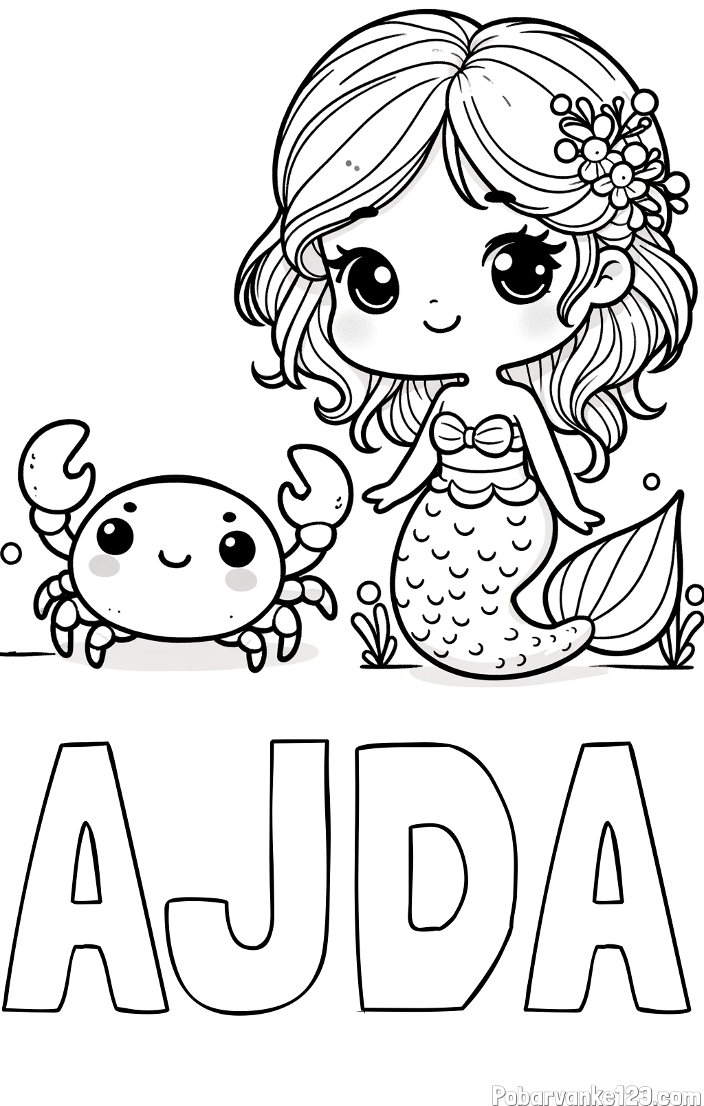 Pobarvanka imena AJDA in pobarvanka ljubke morske deklice in veselega raka