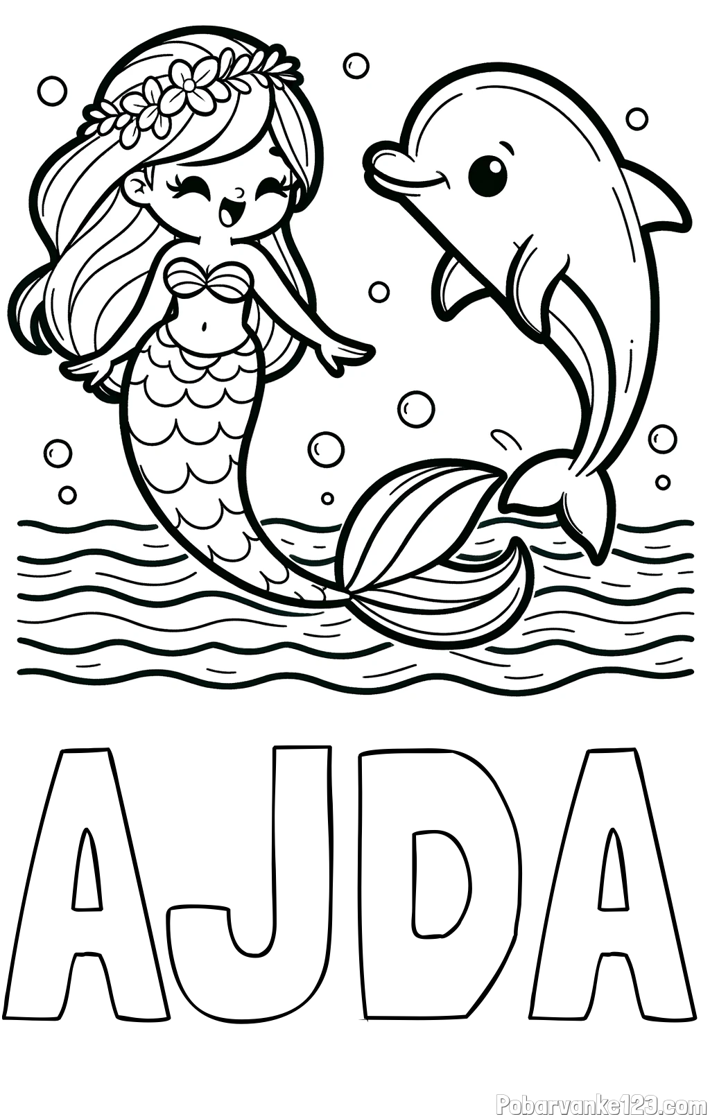 Pobarvanka imena AJDA in pobarvanka ljubke morske deklice, ki pleše z delfinom