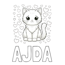 Pobarvanka imena AJDA in pobarvanka ljubke mucke obdane s srčki