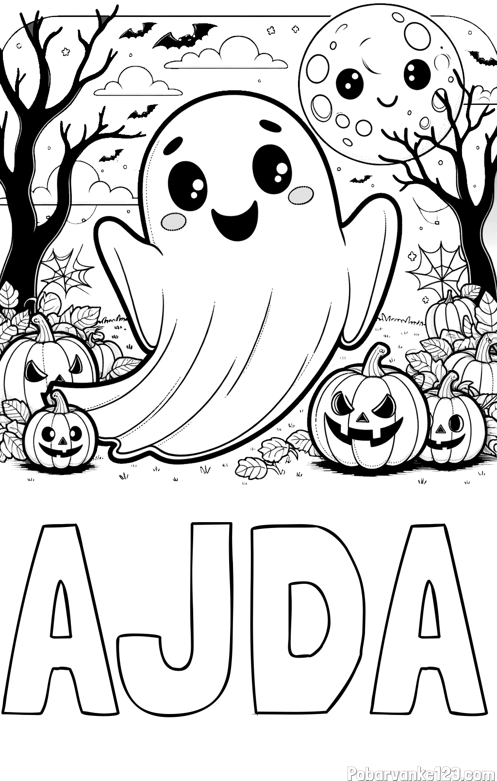 Pobarvanka imena AJDA in pobarvanka ljubkega duhca in buč za noč čarovnic