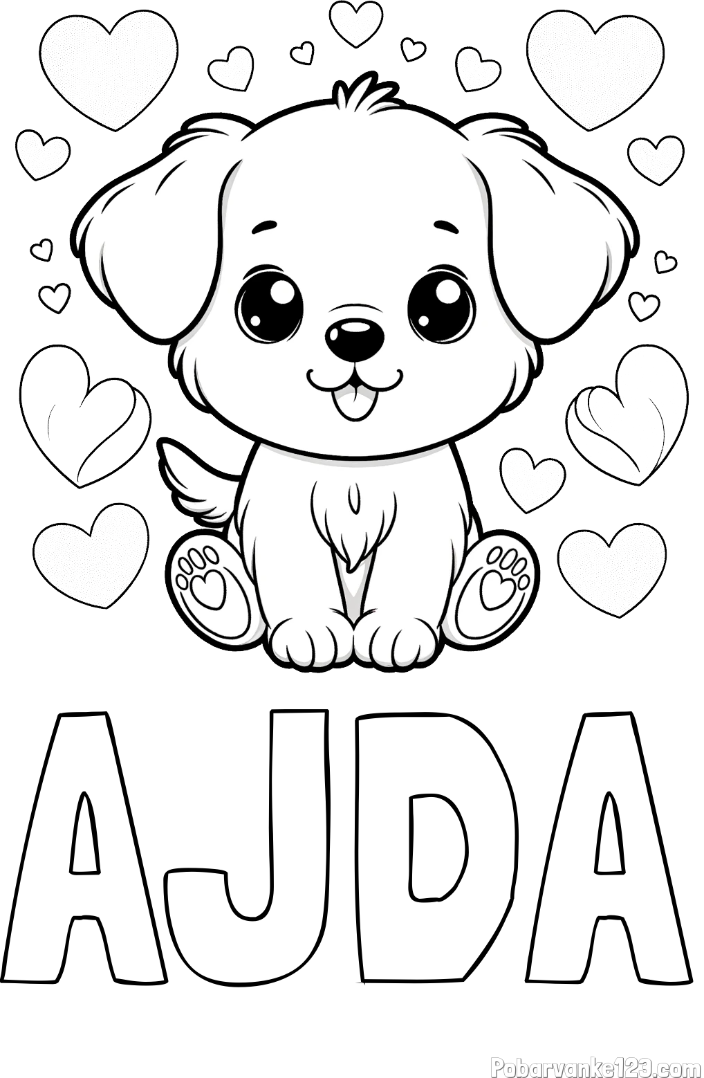 Pobarvanka imena AJDA in pobarvanka ljubkega kužka obdanega s srčki