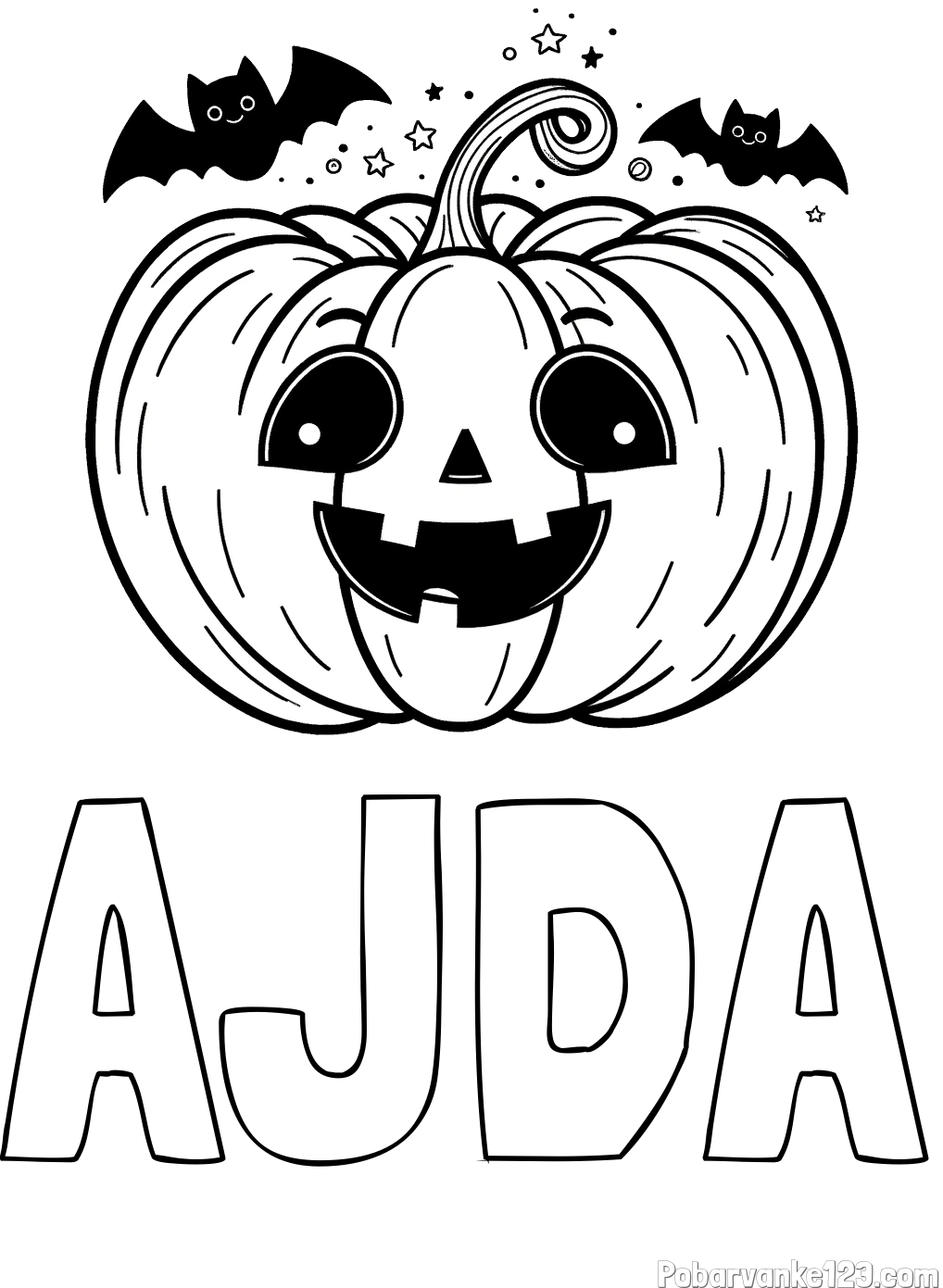 Pobarvanka imena AJDA in pobarvanka nasmejane buče ter dveh netopirjev za noč čarovnic