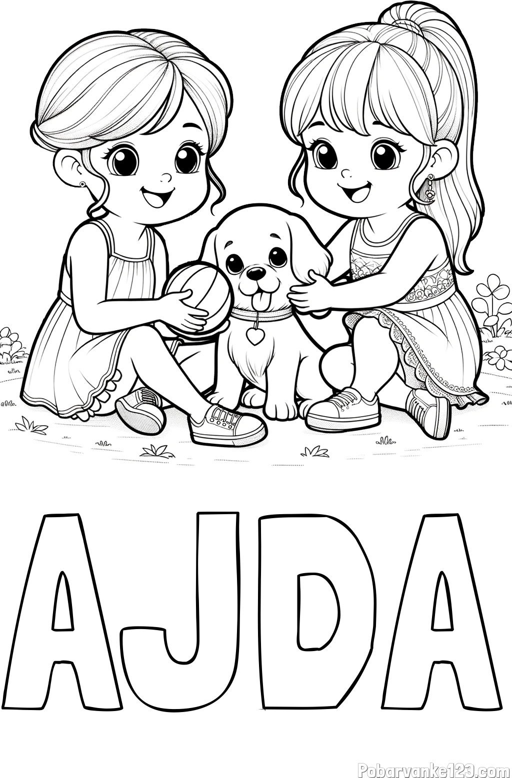 Pobarvanka imena AJDA in pobarvanka prijateljic s kužkom