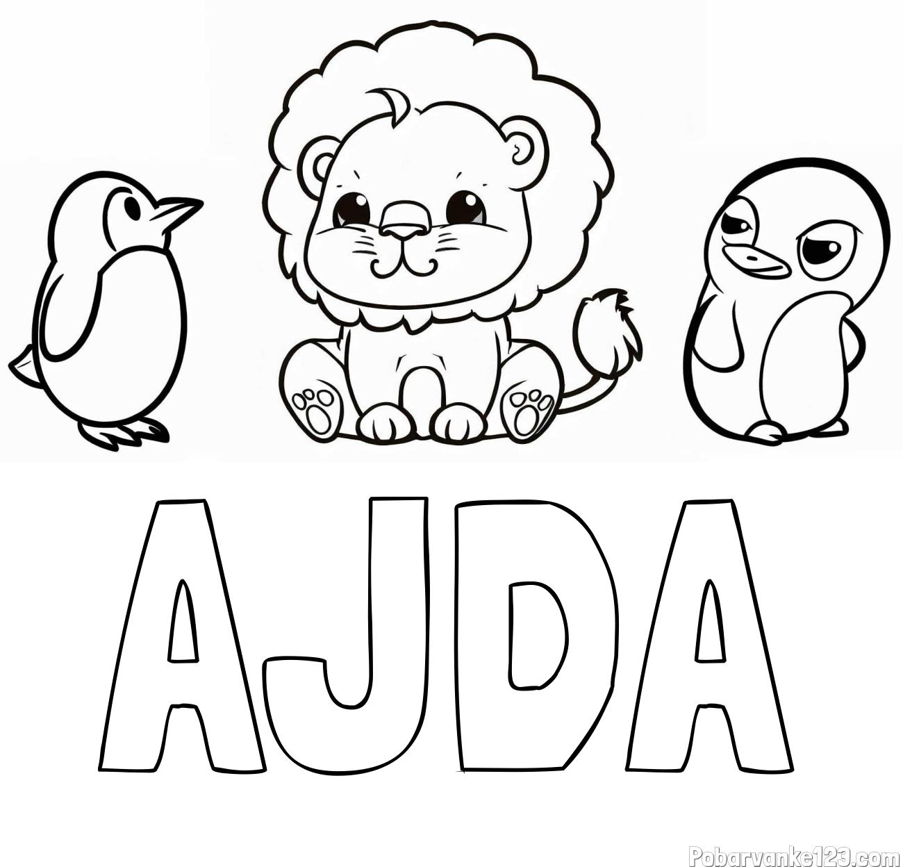 Pobarvanka imena AJDA in pobarvanka prikupnega levčka in dveh hudomušnih pingvinčkov