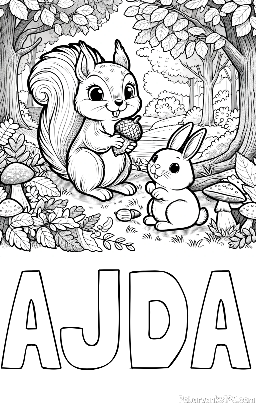 Pobarvanka imena AJDA in pobarvanka veveričke in zajčka v gozdu