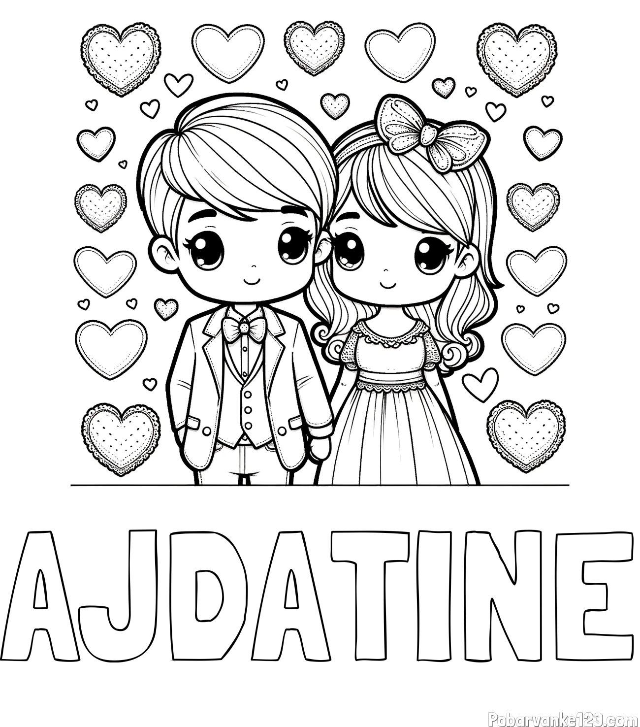 Pobarvanka imena AJDATINE in pobarvanka dveh zaljubljencev s srčki