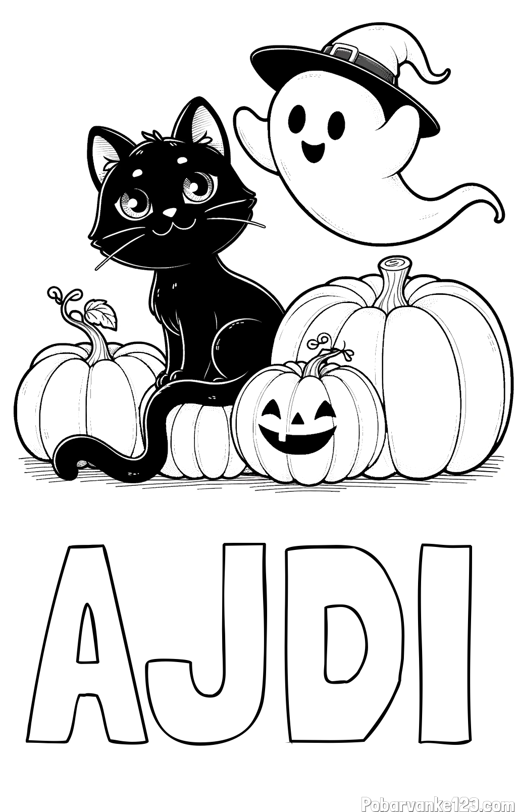 Pobarvanka imena AJDI in pobarvanka prijaznega duhca, črne mačke ter buč za noč čarovnic