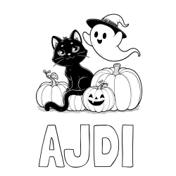 Online izdelana pobarvanka - Pobarvanka imena AJDI in pobarvanka prijaznega duhca, črne mačke ter buč za noč čarovnic