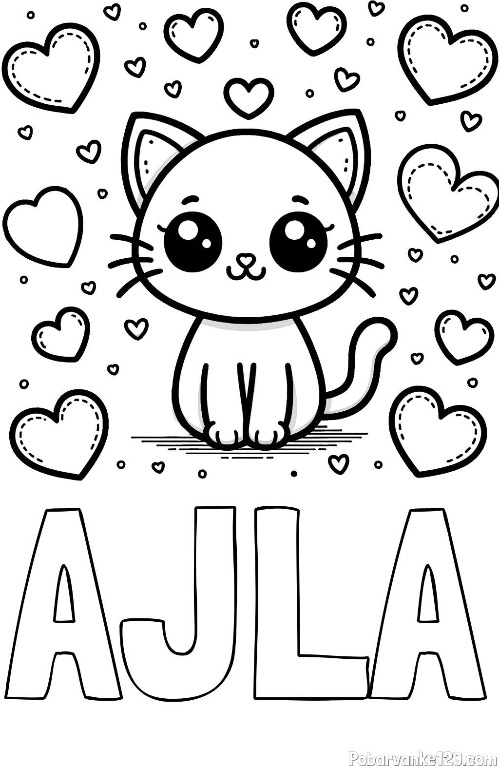 Pobarvanka imena AJLA in pobarvanka ljubke mucke obdane z veliko srčki