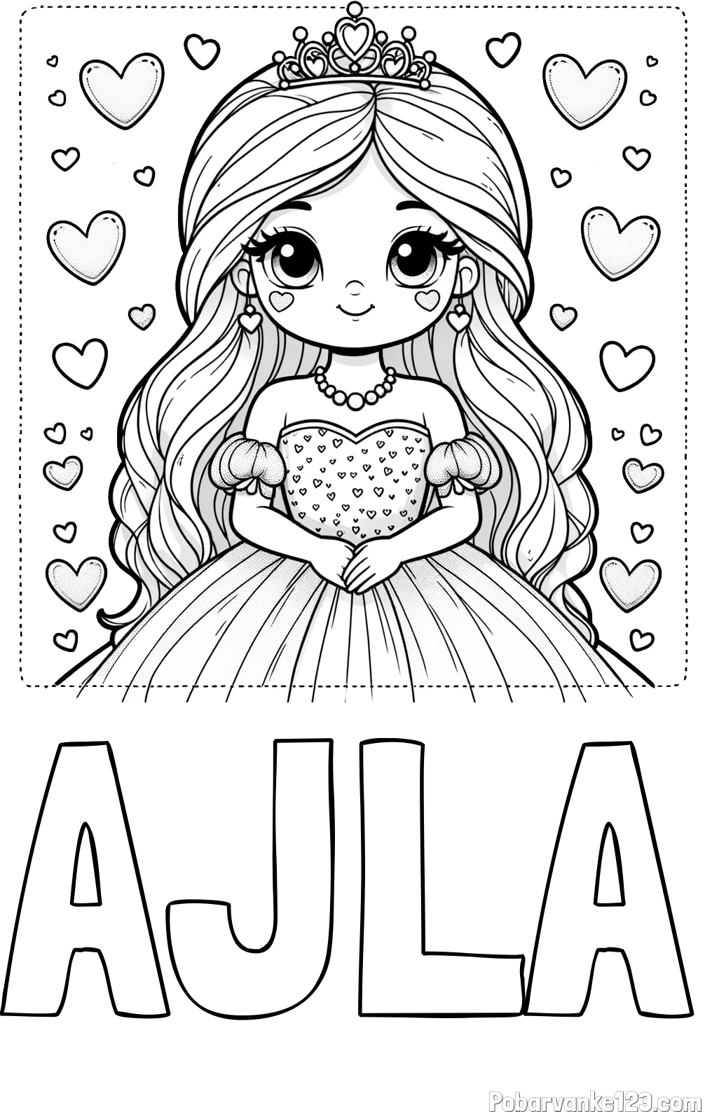 Pobarvanka imena AJLA in pobarvanka ljubke princese obdane s srčki