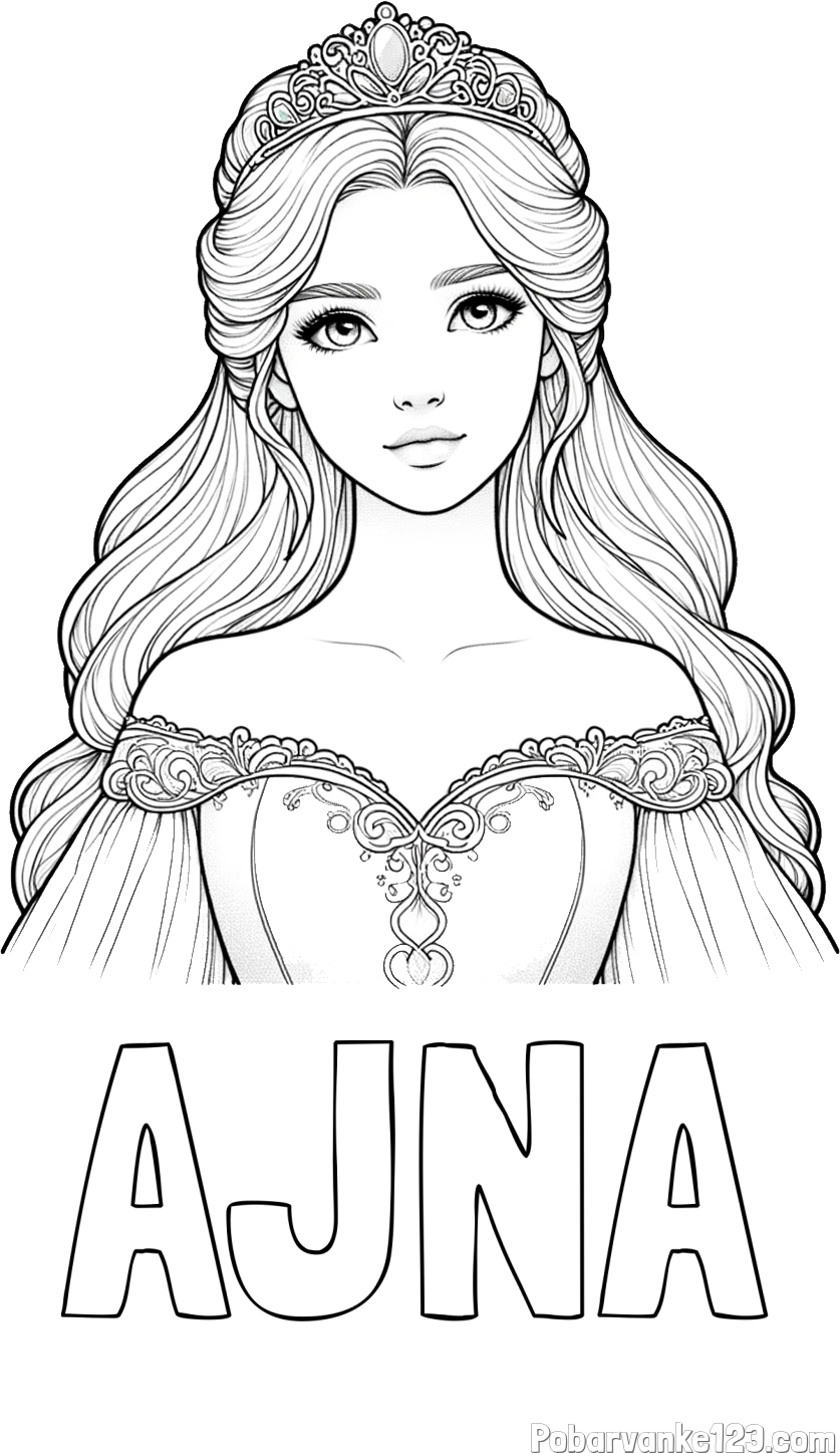 Pobarvanka imena AJNA in pobarvanka realistične princese