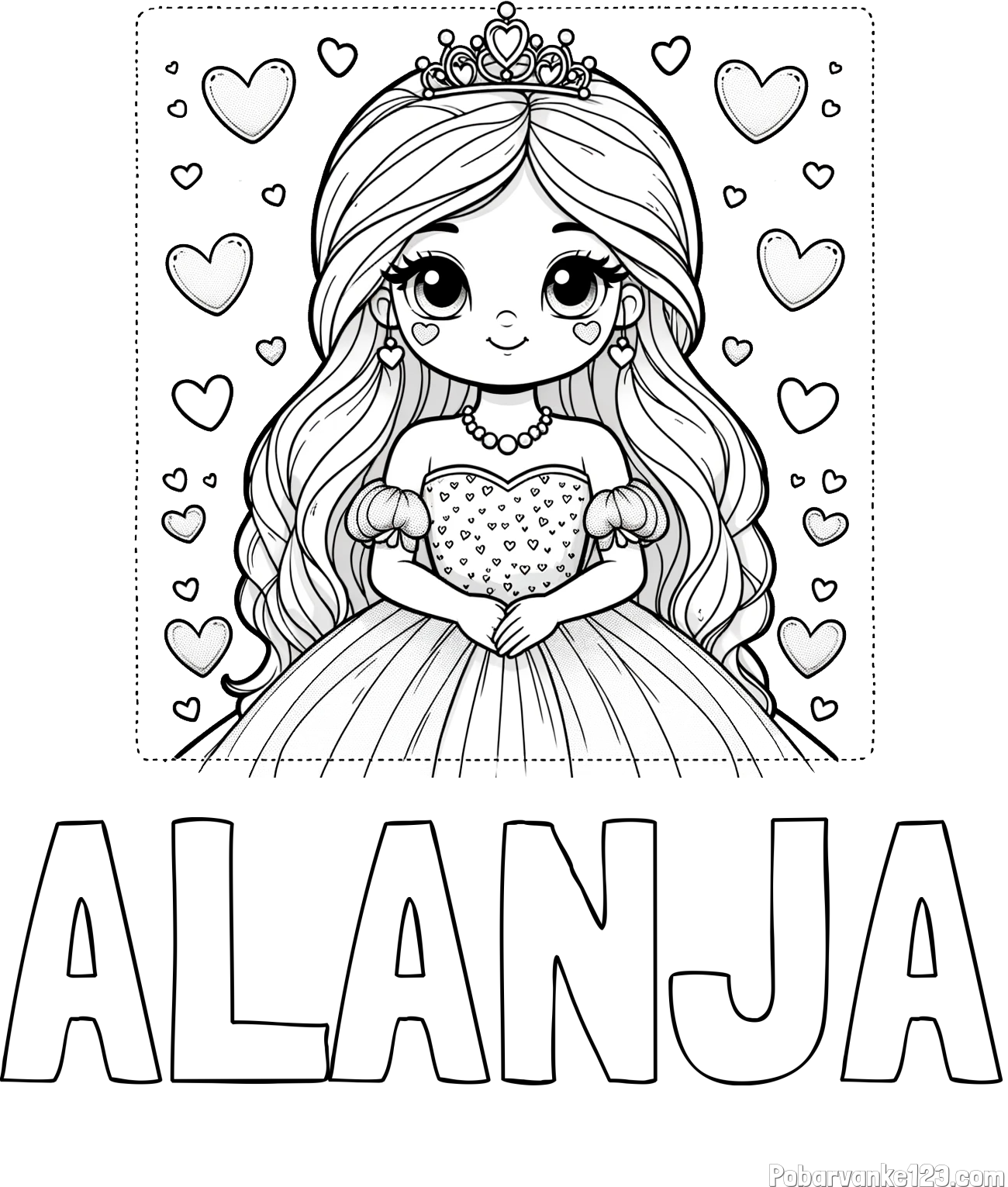 Pobarvanka imena ALANJA in pobarvanka ljubke princese obdane s srčki